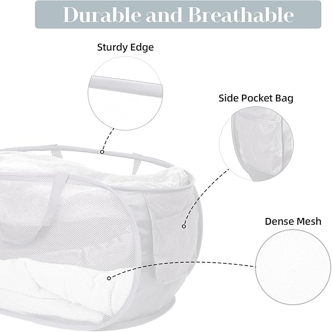 Strong Mesh Pop Up Laundry Basket, Collapsible Laundry Hamper with Side Pocket, Foldable Clothes Hamper with Durable Reinforced Handles for Laundry, Bathroom, Kids Room, Dorm or Travel 2 Pack White