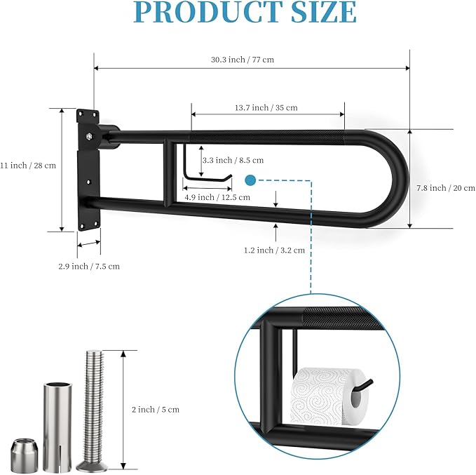 Toilet Grab Bar 30.3 Inch Black, Munzong Anti-Slip Handicap Grab Bars with Paper Holder, Flip-Up Bathroom Safety Rails, Stainless Steel Knurled Support handrails for Seniors Elderly Disabled Pregnant