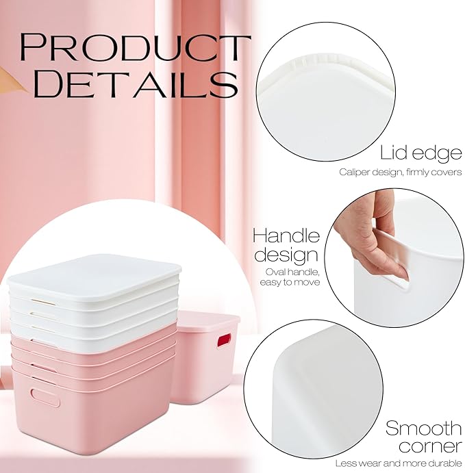 Hoolerry 8 Pieces Colorful Storage Bins with Lid, Plastic Storage Basket Organizing Container Stackable Box with Handle for Shelves Desktop Playroom Office(13.8 x 9.8 x 5.9 Inch,White and Pink)