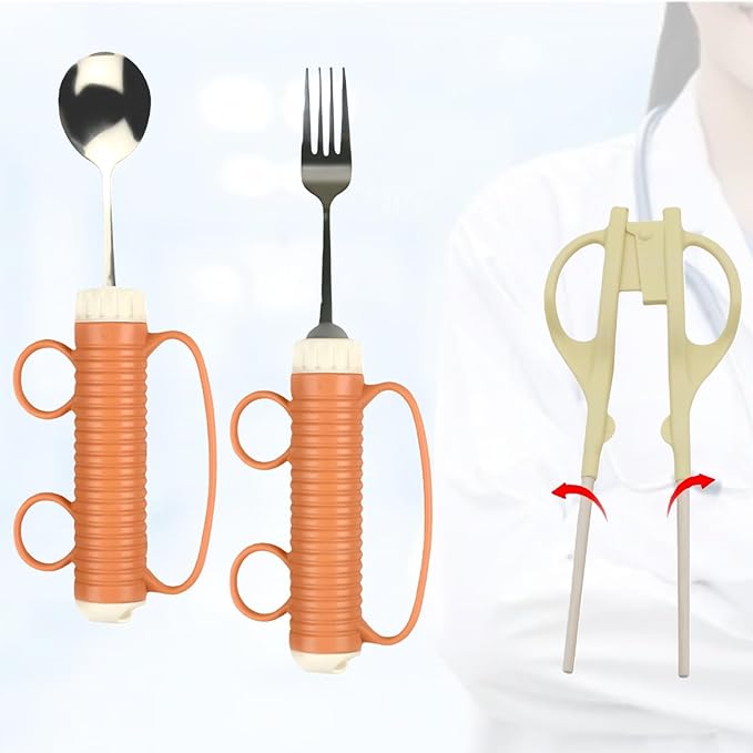 Auxiliary Tableware,Feeding/Elderly/Anti-shake Spoon,Fork, Fork and Spoon,Three-piece Set, orange Handle Belt.