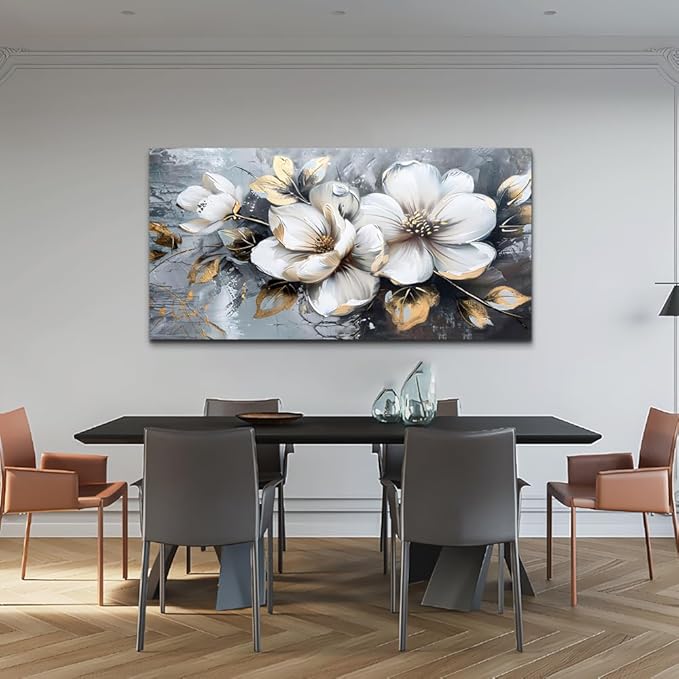 KELIYUAN Large Canvas Wall Art For Bedroom Wall Decor For Living Room Office Decorations Abstract White Flowers Paintings Pictures Artwork Modern Framed Posters Home Decor Ready To Hang 24"x48"