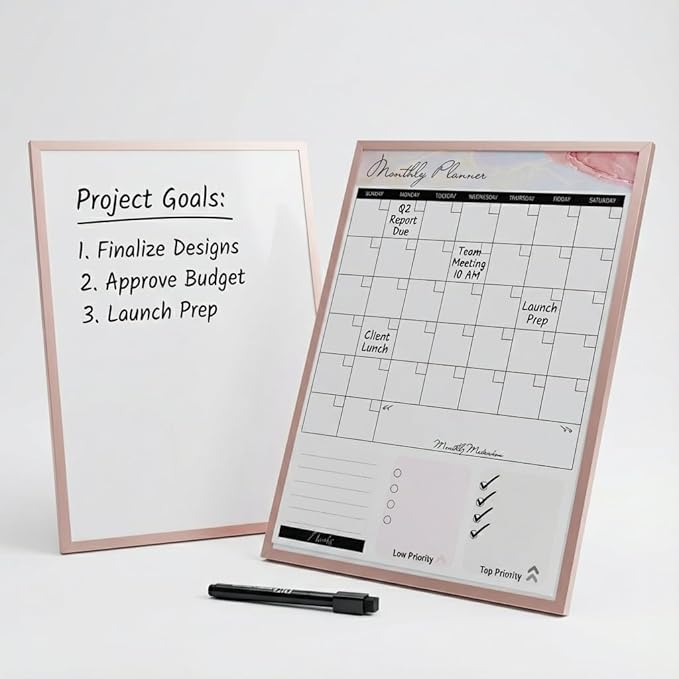 Small Whiteboard 12 x 16 Inch Magnetic Dry Erase Board with Stand & Wall Mount | Rose Gold Aluminum Frame | Planner Board with Weekly & Monthly Sheets | 3 Markers, Eraser & 2 Magnets