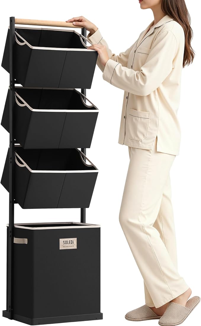 SOLEDI 4 Section Laundry Hamper Sorter, Stackable Laundry Basket Organizer with Removable Basket, 125L 4-Tier Vertical Laundry Sorter for Small Space, Laundry Room, Dorm, Bathroom, Wardrobe Black