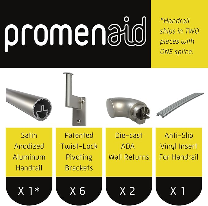 Promenaid 12ft ADA Handrail Kit - Silver - Complete Indoor/Outdoor Handrail for Stairs - 1.6" Round Anodized Aluminum Railing with 6 Silver Painted Pivoting Brackets & ADA Wall Returns