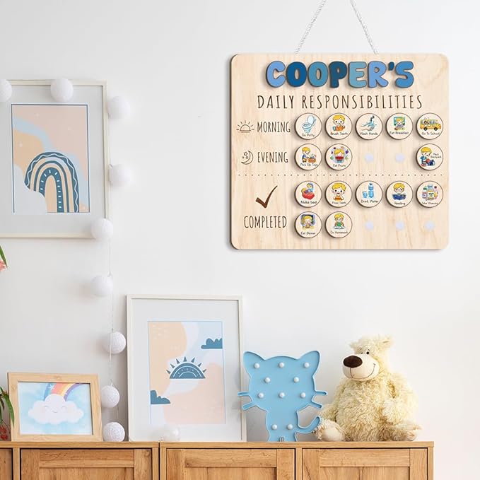 Personalized Wooden Daily Routine Chart 13.5x15", Visual Schedule, Daily Responsibilities for Kids, Morning Bedtime Routine Chart for Toddlers (13)