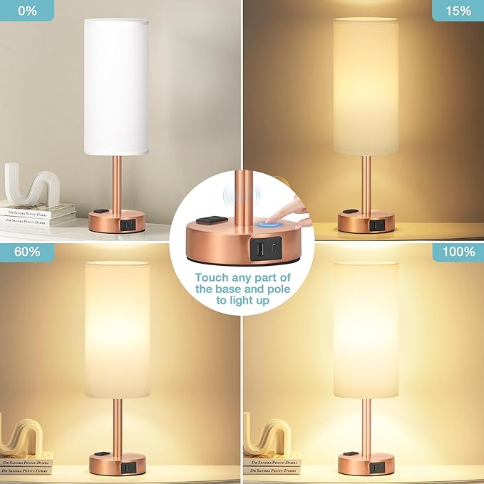 Fenmzee Bronze Nightstand Bedroom Lamp - 3 Way Dimmable Bedside Lamp USB C A Charging Ports and AC Outlet, Small Table Lamp White Linen Lampshade for Desk, LED Bulb Included
