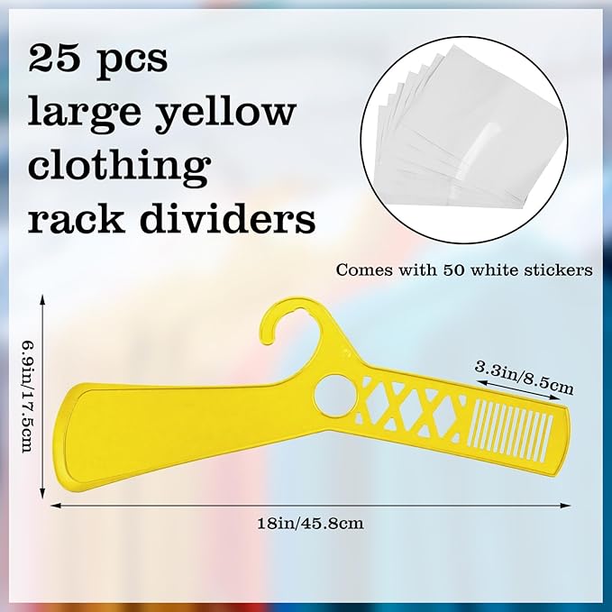 25 Pcs Large Closet Dividers and 50 Pcs White Blank Cards 18 Inch Clothing Rack Size Dividers for Hanging Clothes, Yellow Garment Rack Tag for Clothes Organization