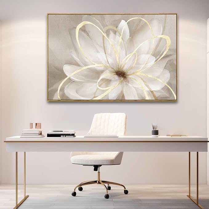 SOUGUAN Flower Wall Art for Living Room 32x48 Inch Gold Large Artwork Painting for Bedroom Kitchen Home Office Room Decore
