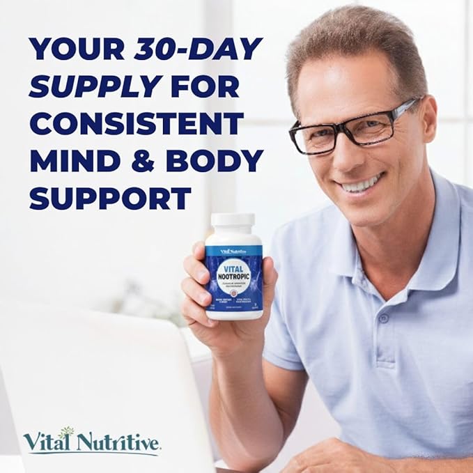 Vital Nootropic 12-in-1 Brain Supplement for Memory, Focus & Energy Support – L-Tyrosine, Bacopa, Rhodiola, Caffeine, B Vitamins – Cognitive Balance Capsules for Men & Women-30 Days Supply