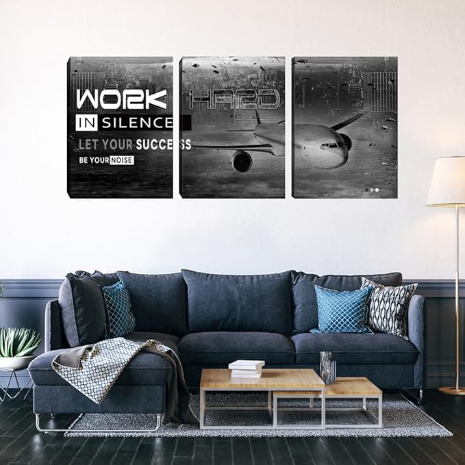 Inspirational Wall Art Motivational Wall Art 3 Pieces Canvas Wall Art Office Decor Success Quotes Hustle Poster Painting Print Artwork Framed for Bedroom Living Room Gym(72''Wx 36''H)