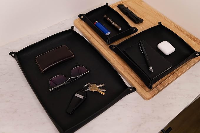 Valet Tray – Full-Grain Leather Catchall Organizer for Keys, Phone & Wallet – Rustic Nightstand & Desk Tray with Raised Sides – Handmade in USA (Black, Medium Rectangle)