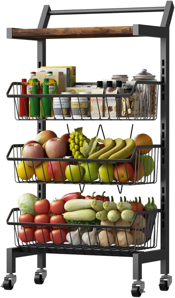 4-Tier Slim Rolling Storage Cart, Narrow Kitchen Cart with Lockable Wheels & Water-Resistant Wooden Tabletop, Small Space Utility Cart for Kitchen/Bathroom/Living Room/Laundry Room