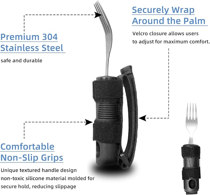 Adaptive Utensil Set for Elderly Parkinsons Stroke Patients, Non-Slip Grip with Hand Strap for Hand Tremors & Muscle Weakness, 3PCS Heavy Stainless Steel Spoon Fork Knife
