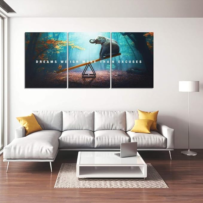 Unbruvo Elephant Wall Art for Office, Motivational Inspirational Canvas Wall Art, 3 Pieces Elephant Painting Prints Wall Decor for Living Room Bedroom Classroom Dorm(48”Wx24”H)