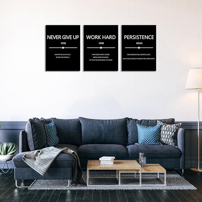 Unbruvo Inspirational Canvas Wall Art, Motivational Office Wall Decor, 3 Pieces Black Never Give Up Positive Quotes Wall Art for Workplace Living Room Bedroom(36''W x 16''H)