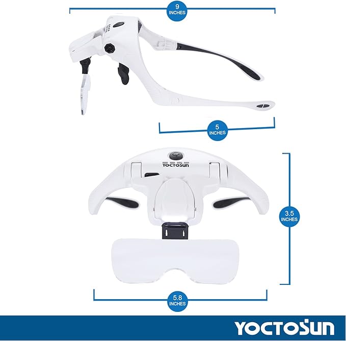 YOCTOSUN Magnifying Glasses with 4 LED Lights, Headband Magnifier with 5 Detachable Lenses 1X, 1.5X, 2X, 2.5X 3.5X -Rechargeable Hands Free Lighted Head Magnifier Glass for Crafts, Cross Stitch, Hobby