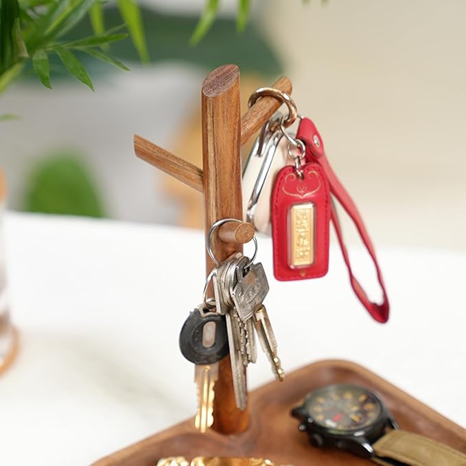 Wooden Key Holder with Tray, Multifunctional Key Chain Display Stand & Key Tray for Entryway Table, Rustic Home Organizer