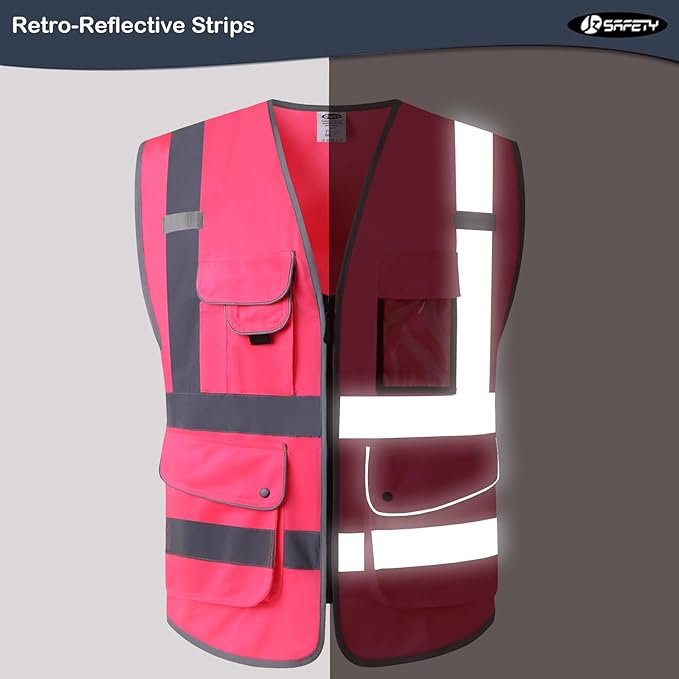 JKSafety 9 Pockets Class 2 High Visibility Zipper Front Safety Vest With Reflective Strips, Meets ANSI/ISEA Standards (Medium, 150-Pink)