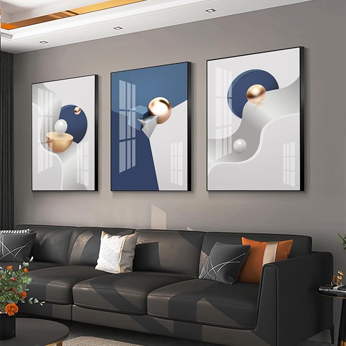 QKF Black Framed Large Wall Art Decor Living Room Geometry Abstract Decorative Painting Bedroom Room Bathroom Blue,Gray White Bright Modern Home art Office Restaurant Wall Canvas Posters & Prints 3