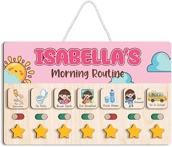 Personalized Wooden Chore Chart for Kids, Daily Routine Chart for Toddlers, Visual Schedule for Kids Age 3-5, Morning Bedtime Routine for Girls (01)