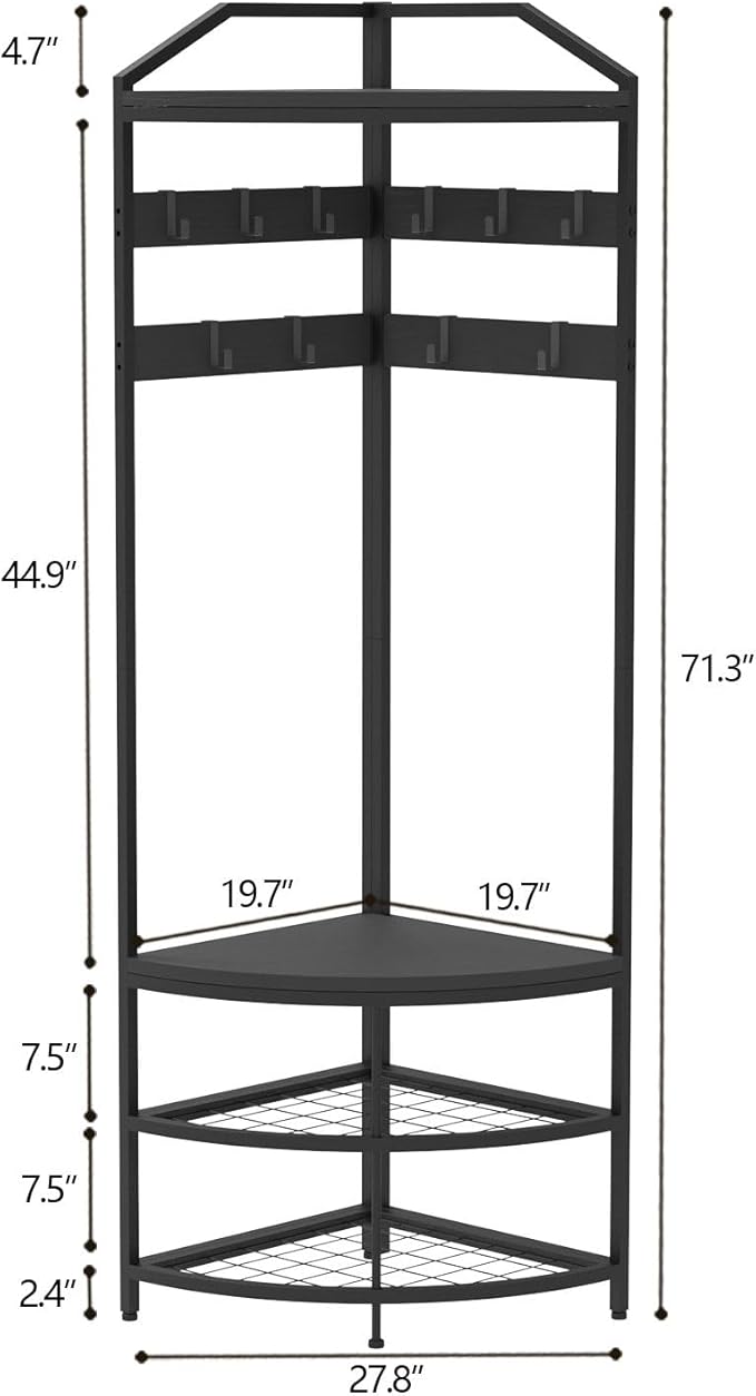 GiftGo Corner Hall Tree with Shoe Bench Entryway Coat Rack with 10 Metal Movable Hooks Freestanding Clothes Rack Shoes Shelf Organizer for Home Office Bedroom (Black)