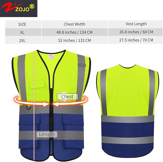 zojo High Visibility Safety Vests With Pockets, Pack of 10,Wholesale Reflective Vest for Outdoor Works, Cycling, Jogging, Walking,Sports - Fits for Men and Women (2XL-Mix Yellow & Blue)
