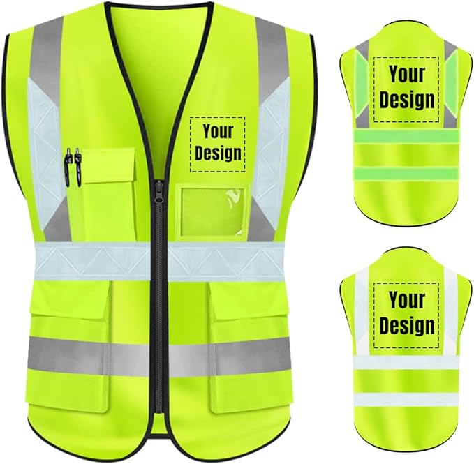 YOWESHOP High Visibility Safety Vest Custom Your Logo Protective Workwear 5 Pockets With Reflective Strips Outdoor Work Vest (2XL, Yellow Luminous)