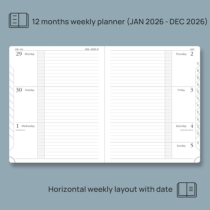 POPRUN 2026 Weekly & Monthly Planner Calendar, 8.5" x 10.5" Large, Horizontal Layout with Lined Sections, Jan. 2026 - Dec. 2026, Leather Hardcover, 100GSM Paper, Inner Pocket - Black