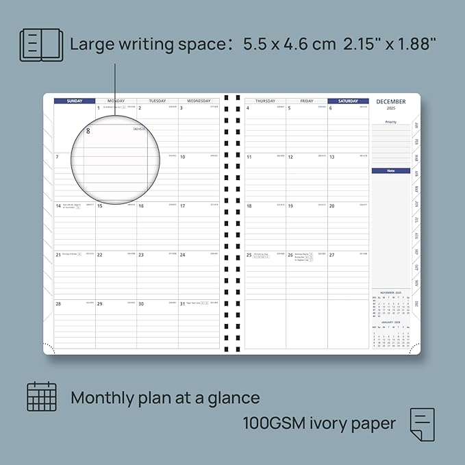 POPRUN 2026-2027 Monthly Planner A4 Size, 16 Months Calendar (Dec 2025-Mar 2027), 2 Pages per Month with Dotted & Lined Note, Monthly Tabs, Spiral Softcover, 2 Inner Pockets - Black