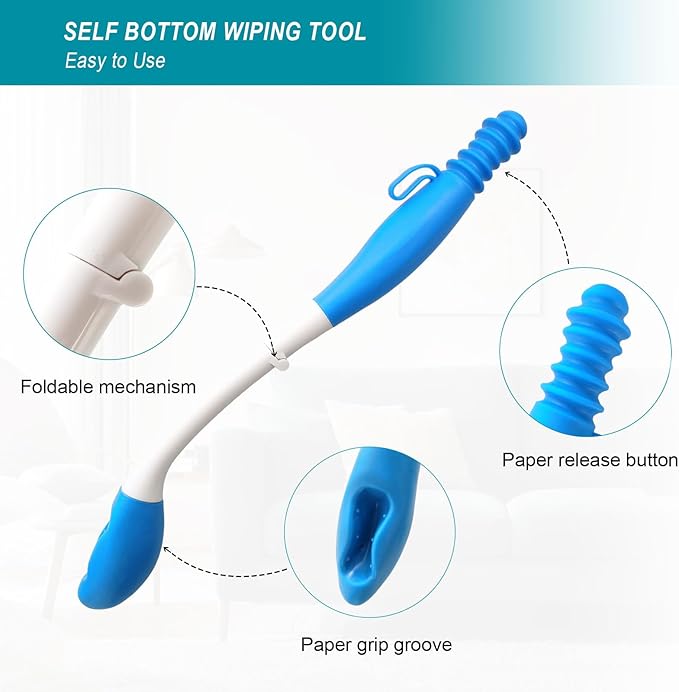 Foldable Toilet Aids for Wiping - Butt Wiper Self Wipe Assist Toilet Aid Wand - Long Reach Comfort Bottom Wiping Aid Tool - Daily Living Bathroom Aids for Limited Mobility