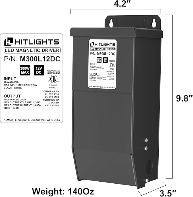 HitLights 300 Watt Dimmable Driver, Magnetic LED Driver- 110V AC-12V DC Transformer, Compatible with Leviton for LED Strip Lights, Constant Voltage LED Products, Made in The USA