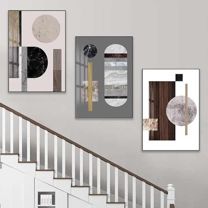 QKF Bright Extra Large Framed Canvas Wall Art For Living Room Wall Decor Home Modern Abstract Prints Large wall pictures geometric round square Wood Grain Brown（24"X32"X3 pieces）