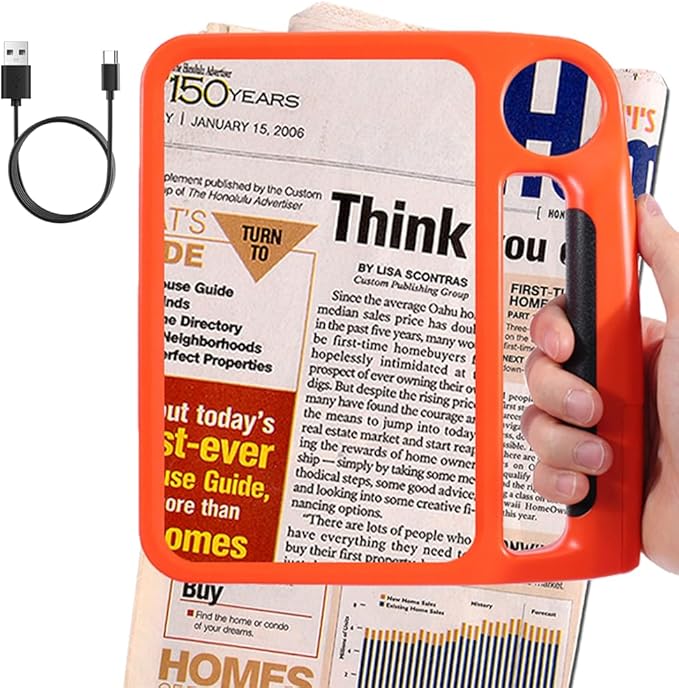 5X 10X Full Page Magnifying Glass for Reading, Rechargeable with 48 Adjustable LED Lights & 3 Light Modes, Comfort-Grip & Lightweight Handheld Magnifier for Seniors, Reading Aid, Low Vision(Orange)
