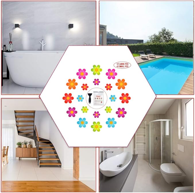 Original Bathtub Stickers Non-Slip, Safety Shower Treads Adhesive Bright Flowers Appliques with Premium Scraper
