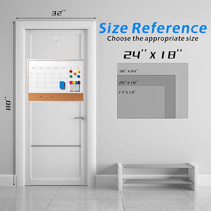 Dry Erase Calendar Whiteboard, 24" x 18" Magnetic Whiteboard Cork Board Combo, Reusable Monthly Planner with 8 Markers, Eraser, Magnets and Pushpins, Hanging Dry Erase Board for Home, School - White