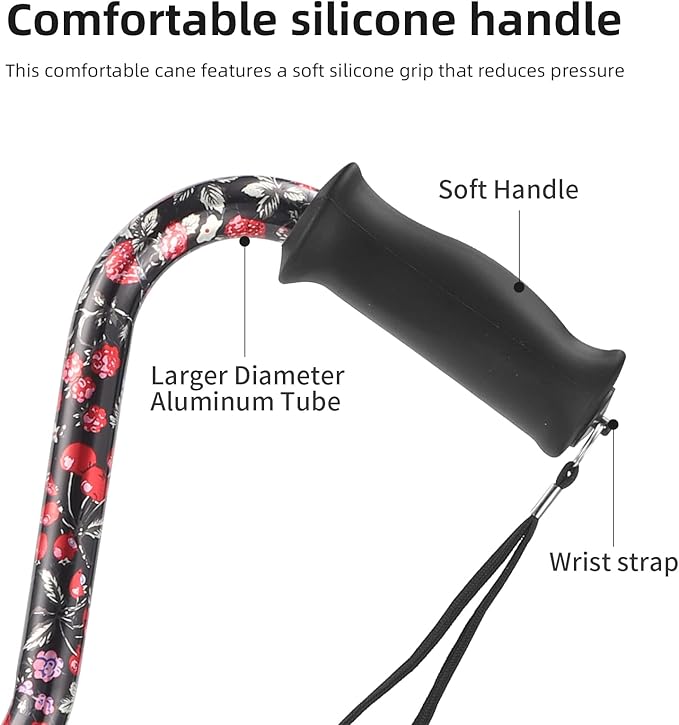 Walking Cane for Women & Men, Adjustable Quad Cane with 4-Prong Base for Stability and Balance, Folding Aluminum Walking Stick for Seniors