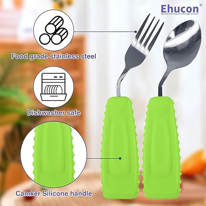 Adaptive Utensils,Weighted Angled Silverware,Parkinsons Aids,Curved Non-Slip Easy Grip Spoon and Fork Set for Tremors,Disabled,Handicap,Elderly,Arthritis (Left Hand,Pack of 2,Green)