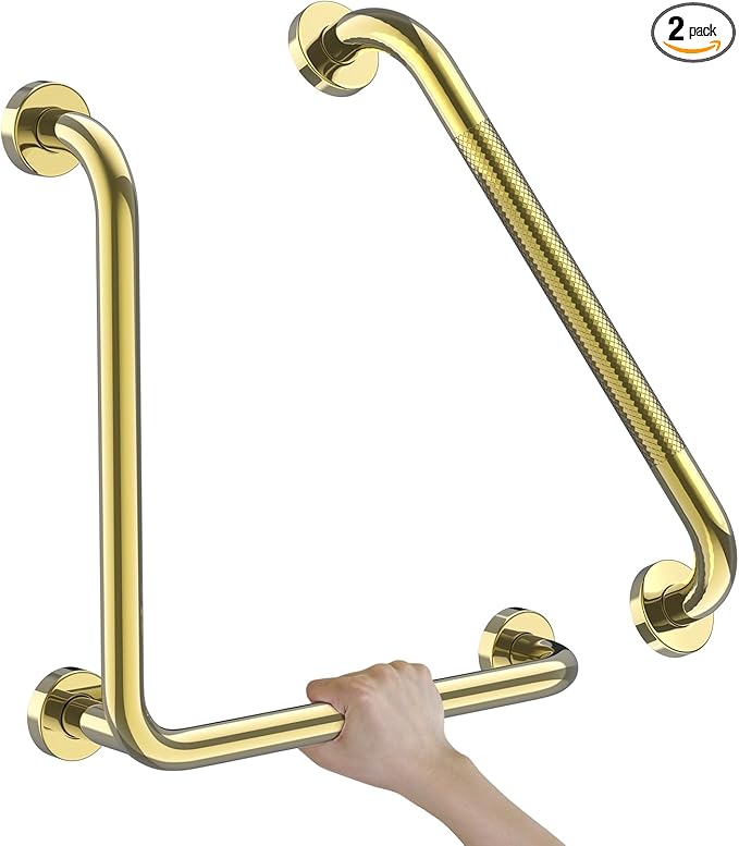 Polished Gold L-Shaped Grab Bar 16x16 Inch + Knurled Shower Grab Rail 20 Inch, Zepolu Stainless Steel Angled Toilet Safety Bar, Bathroom Mobility Aid Handrail, Balance Support Assist Bar for Senior