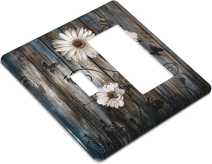 Rustic Wood Background Floral Butterfly Daisy Outlet Covers 1 Toggle 1 Rocker Combination Decorative Wall Plate Electrical Switch Plates Light Switch Cover Plate for Farmhouse Bedroom Decor