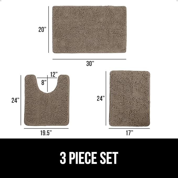 GORILLA GRIP Bathroom Rug Sets 3 Piece, Bath Mat Set and Oval Toilet Base with Rubber Backing, Plush Absorbent Shaggy Chenille Washable Mats, Includes 24x19.5, 24x17 and 30x20 Inch Rugs, Gray Beige