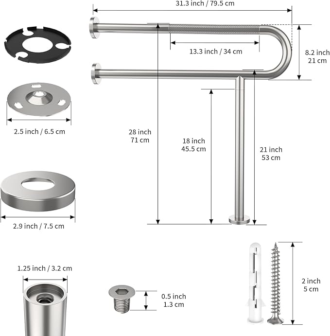 Toilet Support Rail 31.3X 31.5 Inch, Munzong Anti-Slip Satin Brushed Nickel Handicap Grab Bar for Bathroom, Stainless Steel Knurled Safety handrails with Leg for Elderly Disabled Pregnant-1.25’Tube