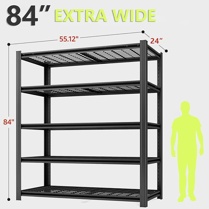 55.12" W Father&I 5-Shelf- Storage Rack Industrial Metal Adjustable Garage/Kitchen Shelves Heavy-Dudy Shelving Units Steel Organizer System for Basement/Shed, 84" H*55.12" W*24" D*, Black