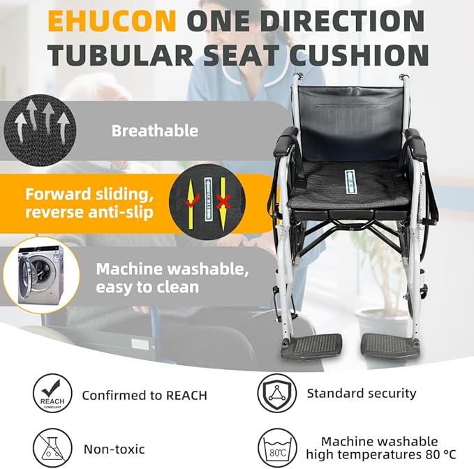 One Way Transfer Support Tubular Seat Cushion, Fall Prevention for Eldery in Chair or Wheelchair, Excellent Non-Slip Seat Cushion in Car Seat and Office Chair (Black, with Handles(17"x17"))