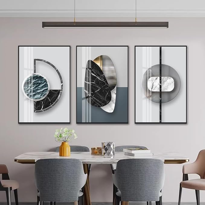 QKF 3 Pieces Modern Funky Wall Art For Living Room Geometry For Home Decoration Pictures Dark On Abstract Canvas Print Paintings Bedroom Bathroom Office Posters & Prints (Medium Size 16x24inch)