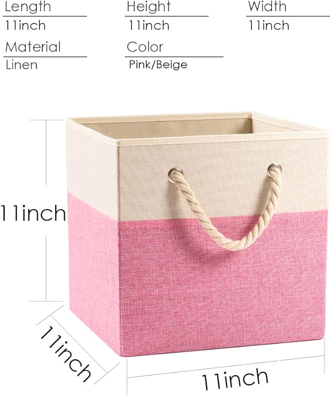 PRANDOM Large Foldable Cube Storage Bins 11x11 inch [2-Pack] Fabric Linen Storage Baskets Cubes Drawer with Cotton Handles Organizer for Shelves Nursery Closet Bedroom Pink