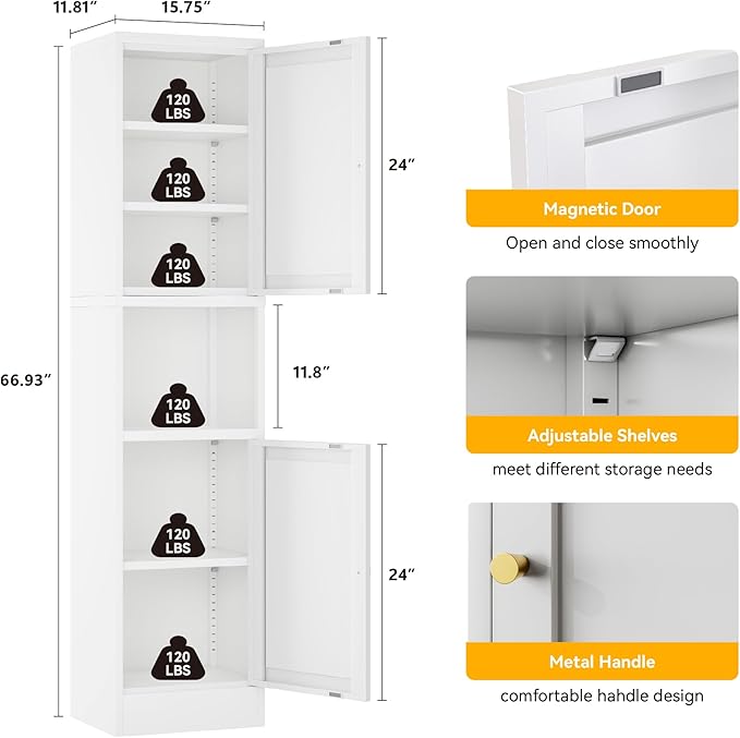 2-Door Metal Storage Cabinet, Tall Slim Pantry Organizer with 3 Adjustable Shelves (120LBS/Shelf), Anti-Tipping Waterproof Cabinet for Bathroom/Kitchen/Home Office/Small Spaces, (1PC,White)