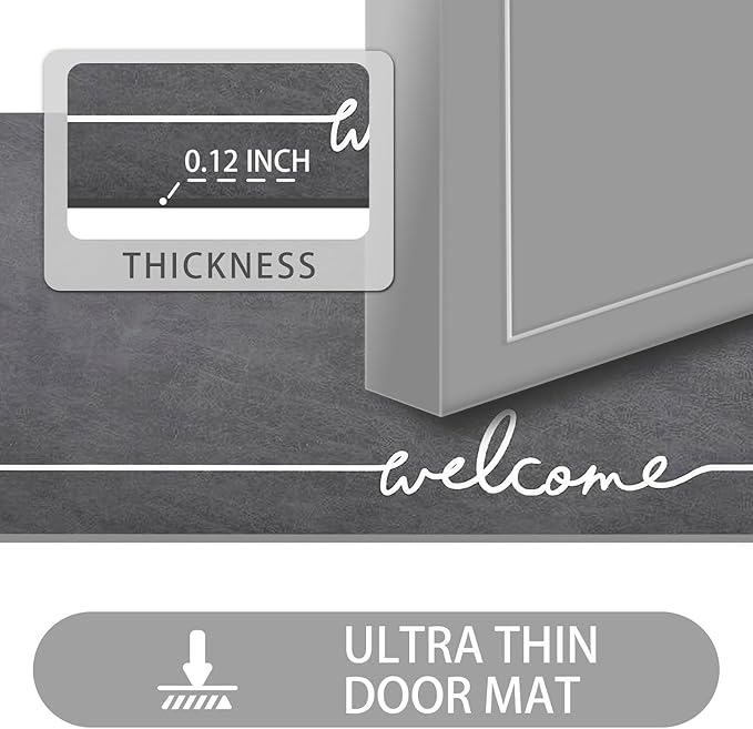 Welcome Mat Indoor, Ultra Thin Door Mat, 1/10 in Thin Door Mats for Inside Entry, Non-Slip, Absorbent, Quick-Dry, Washable, Fit Under Door Entryway Doormat for Entrance, 35"X24", Dark Grey