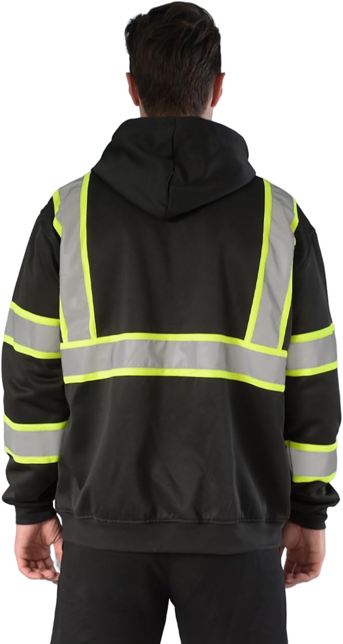 sesafety High Visibility Safety Sweatshirt for Men, Class 3 Reflective Zippered Hooded Sweatshirt, Hi-Vis Safety Hoodie with Black Bottom