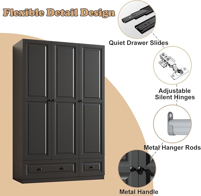 Armoire Wardrobe Closet with Drawers: 74" Black Tall Wooden Wardrobe Closet for Hanging Clothes, Large Bedroom Armoires with 2 Drawers, 3 Door Armoire Storage Cabinet (Black, 47")