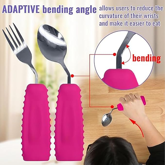 Adaptive Utensils,Weighted Angled Silverware,Parkinsons Aids,Curved Non-Slip Easy Grip Spoon and Fork Set for Tremors,Disabled,Handicap,Elderly,Arthritis (Right Hand,Pack of 2,Rose Pink)
